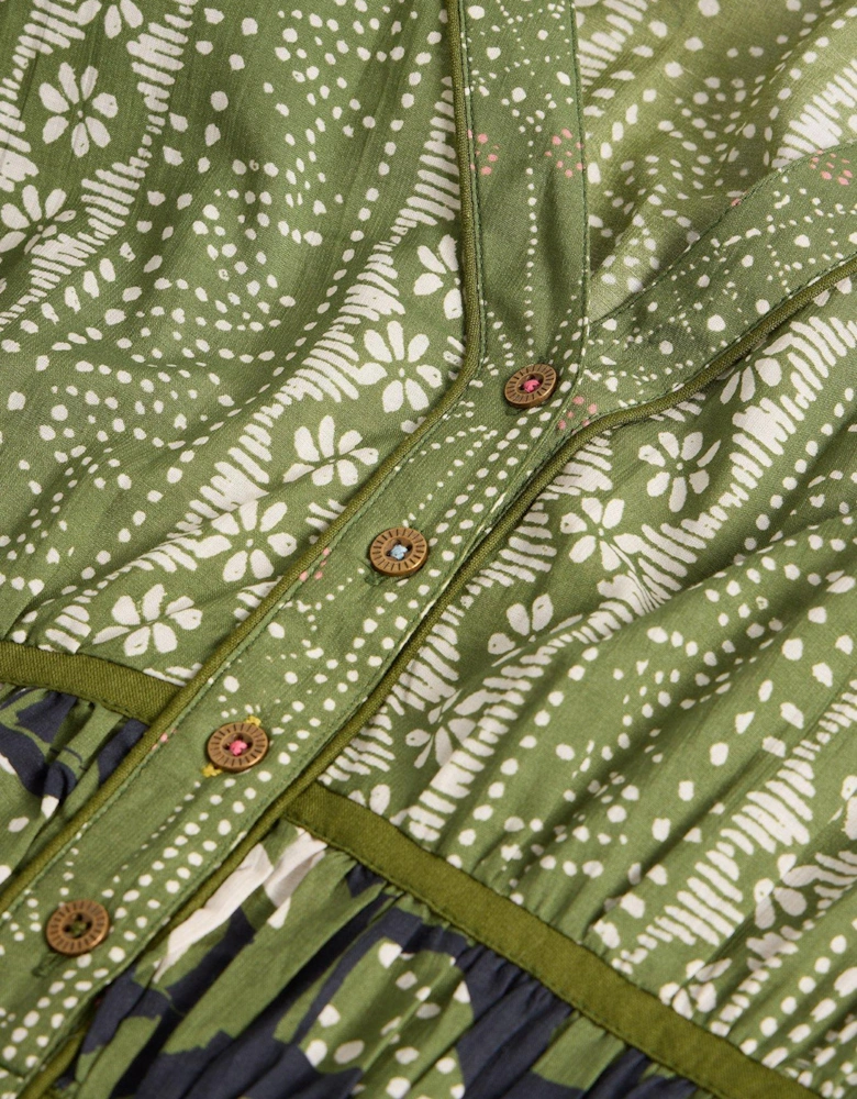 Cotton-blend Mosaic Print Blouson Sleeve Midi Dress