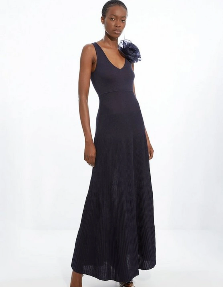 Viscose Blend Knit Corsage Detail Maxi Dress