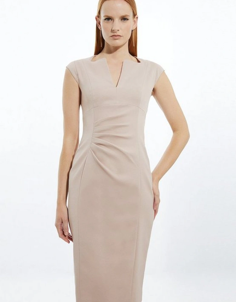 Italian Structured Rib Tailored Envelope Neck Pencil Midi Dress