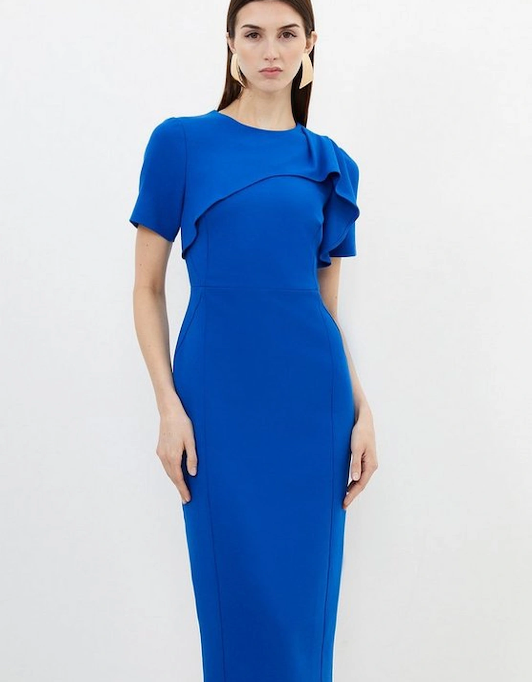 Petite Tailored Structured Crepe Ruffle Detail Pencil Midi Dress, 4 of 3