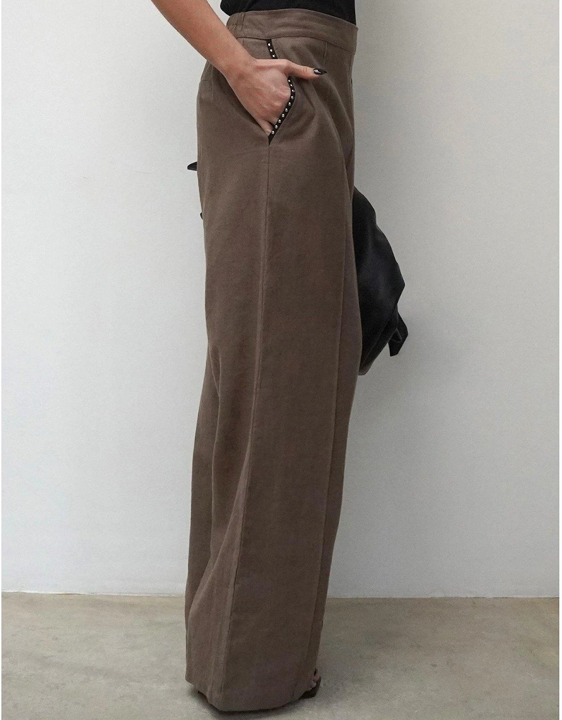Wide Leg Linen Studded Trim Trousers - Brown