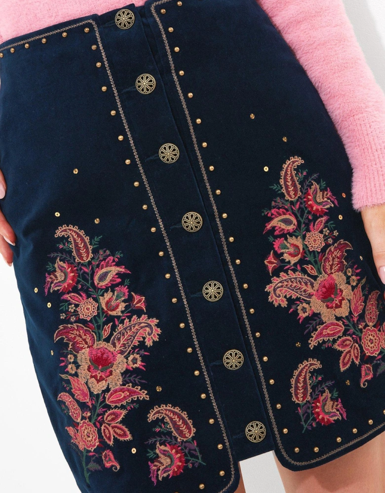 Embroidered Button Detail Skirt - Navy