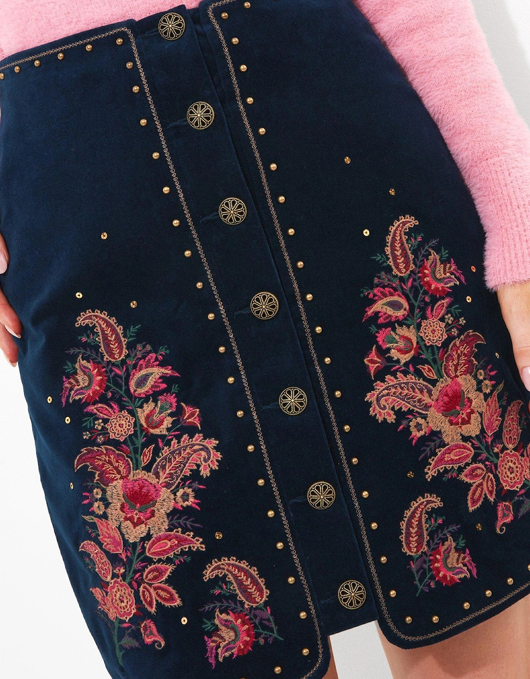 Embroidered Button Detail Skirt - Navy