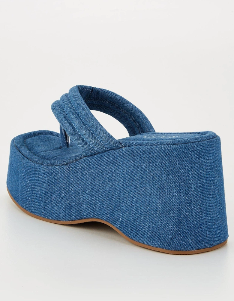 Elswyth Denim Platform Toepost Wedge Sandals - Blue Denim