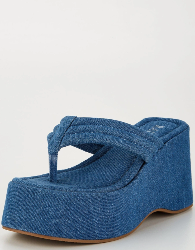 Elswyth Denim Platform Toepost Wedge Sandals - Blue Denim