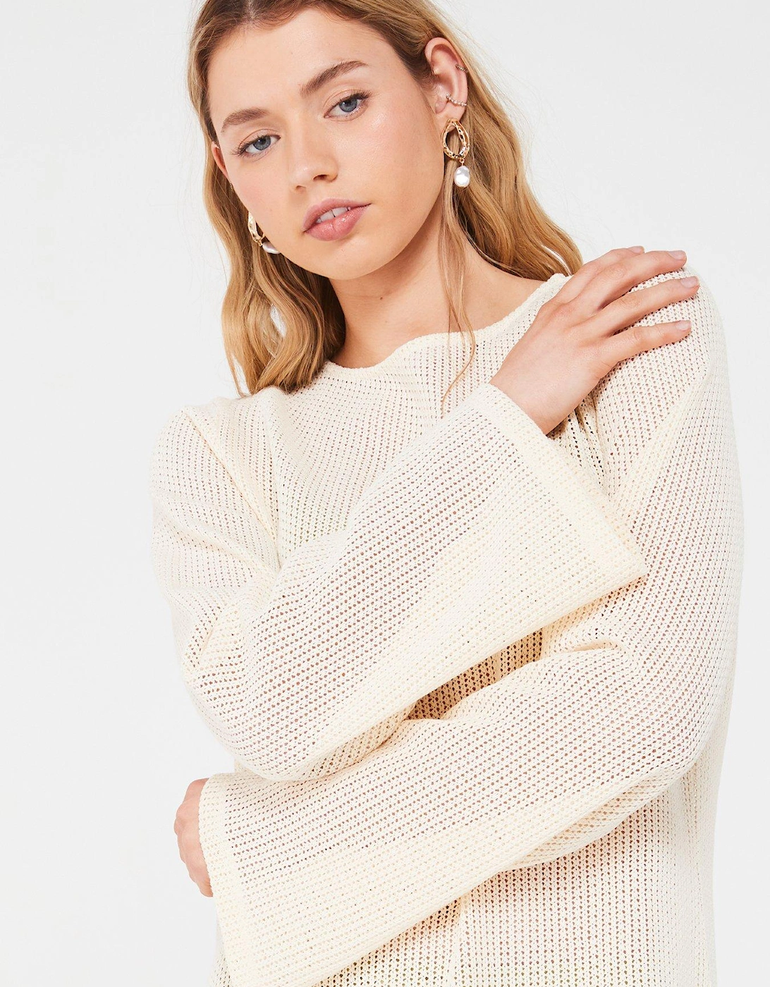 Knitted Long Sleeve Mini Dress - Cream