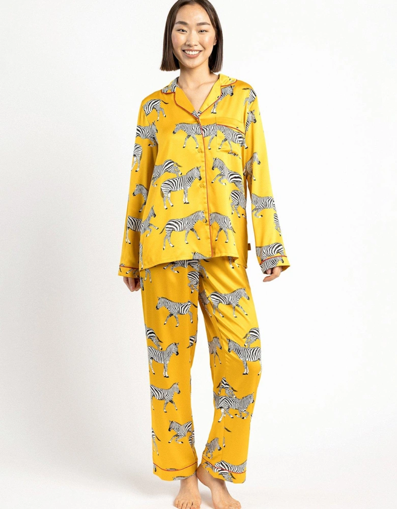 Mustard Zebra Satin Button Up Pyjama Set - Mustard