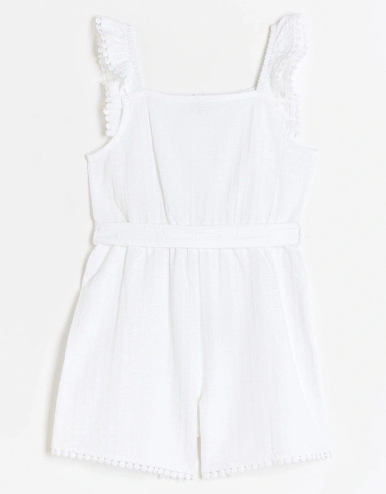 Girls Textured Belted Playsuit - White
