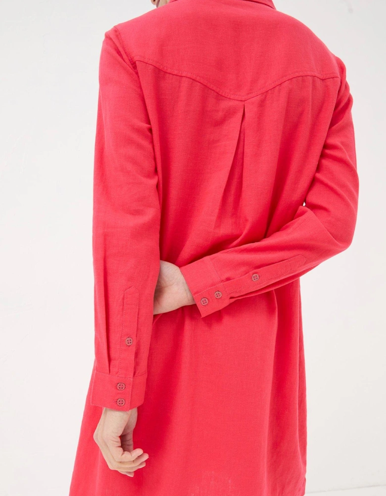 Red Linen Tunic Midi Dress with Long Sleeves and V-Neckline