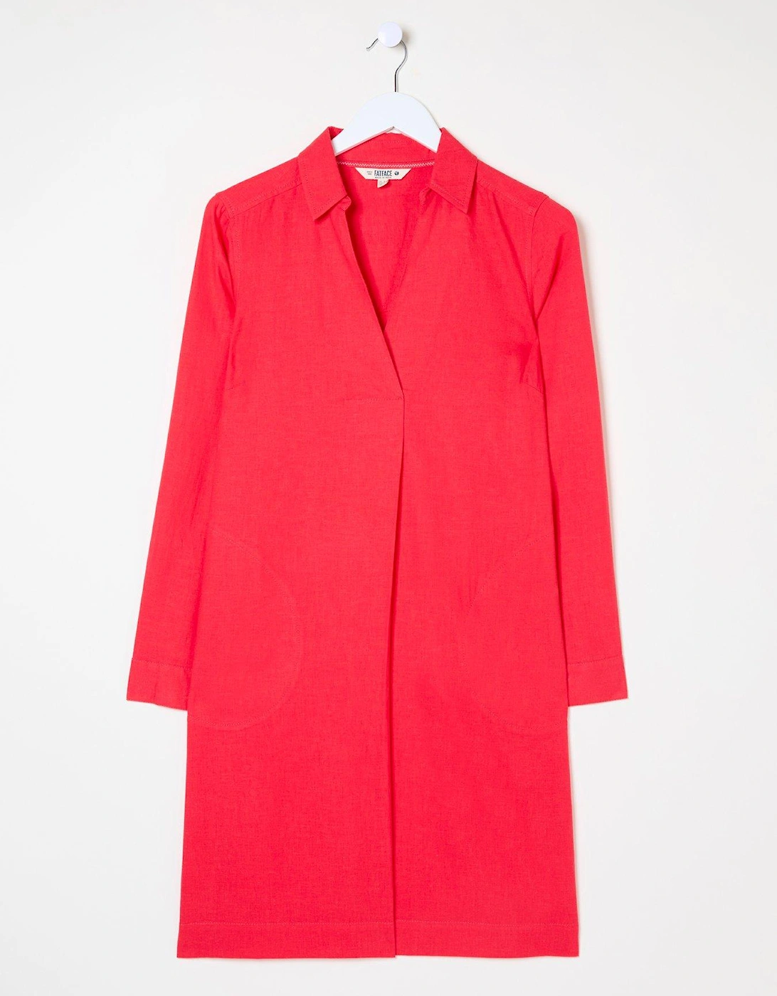 Red Linen Tunic Midi Dress with Long Sleeves and V-Neckline