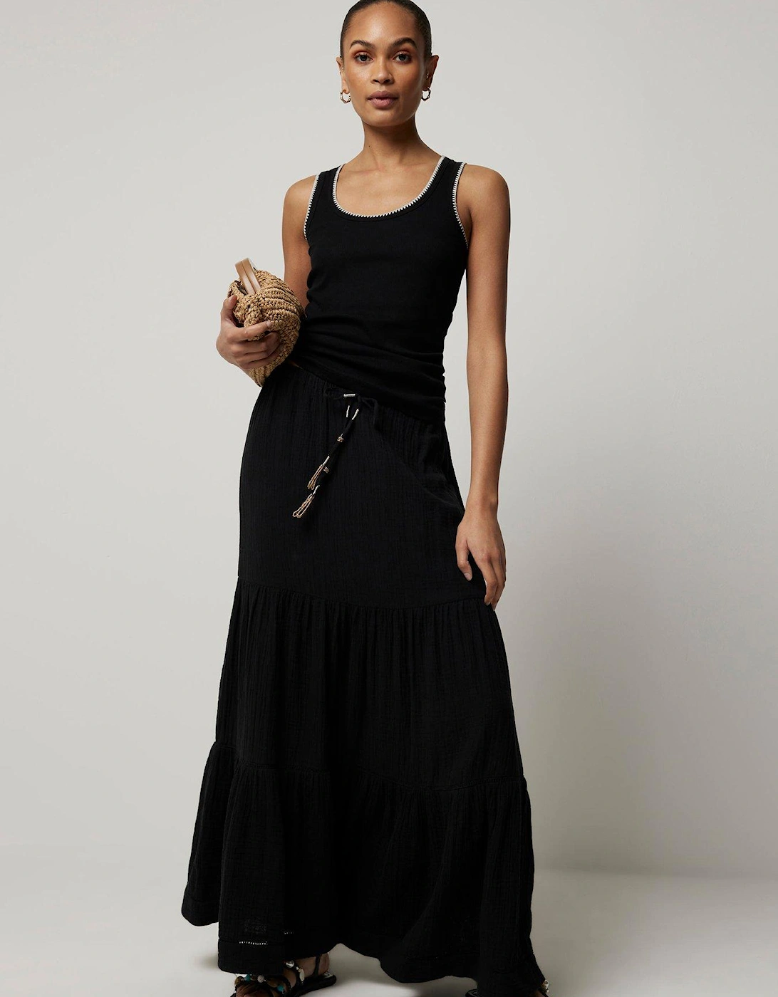 Textured Cotton Tiered Maxi Skirt - Black