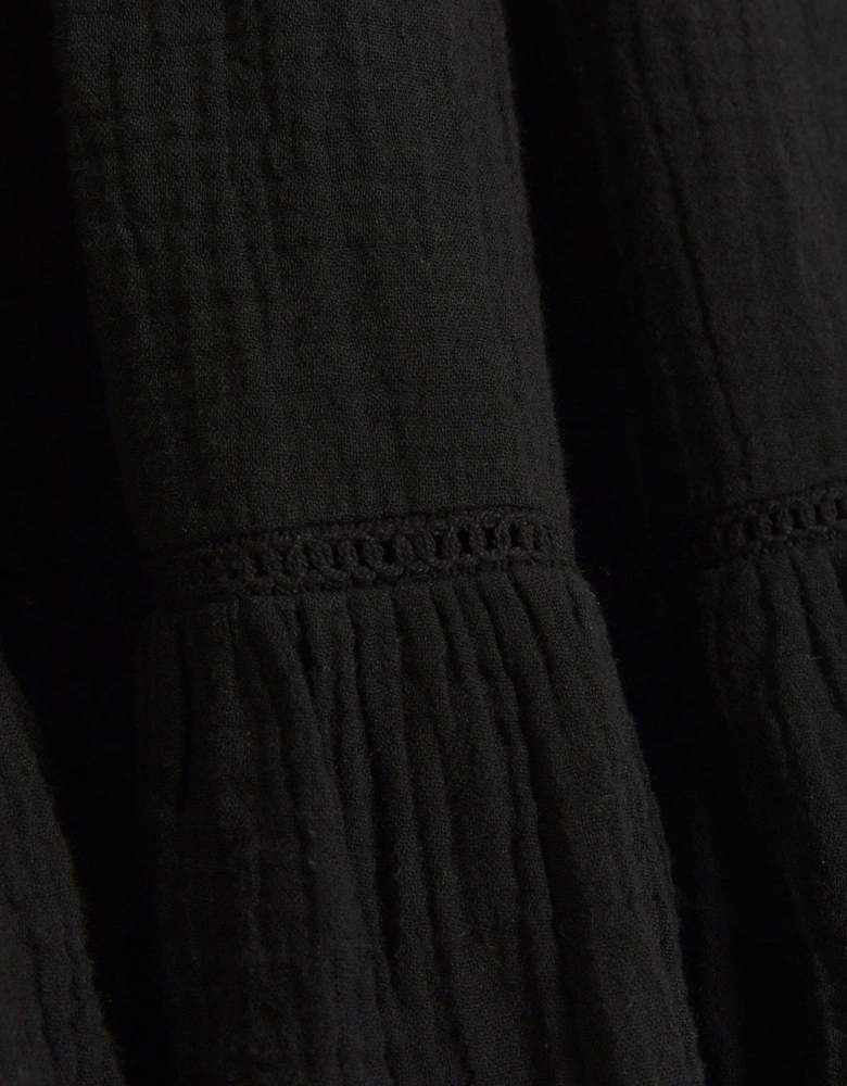 Textured Cotton Tiered Maxi Skirt - Black