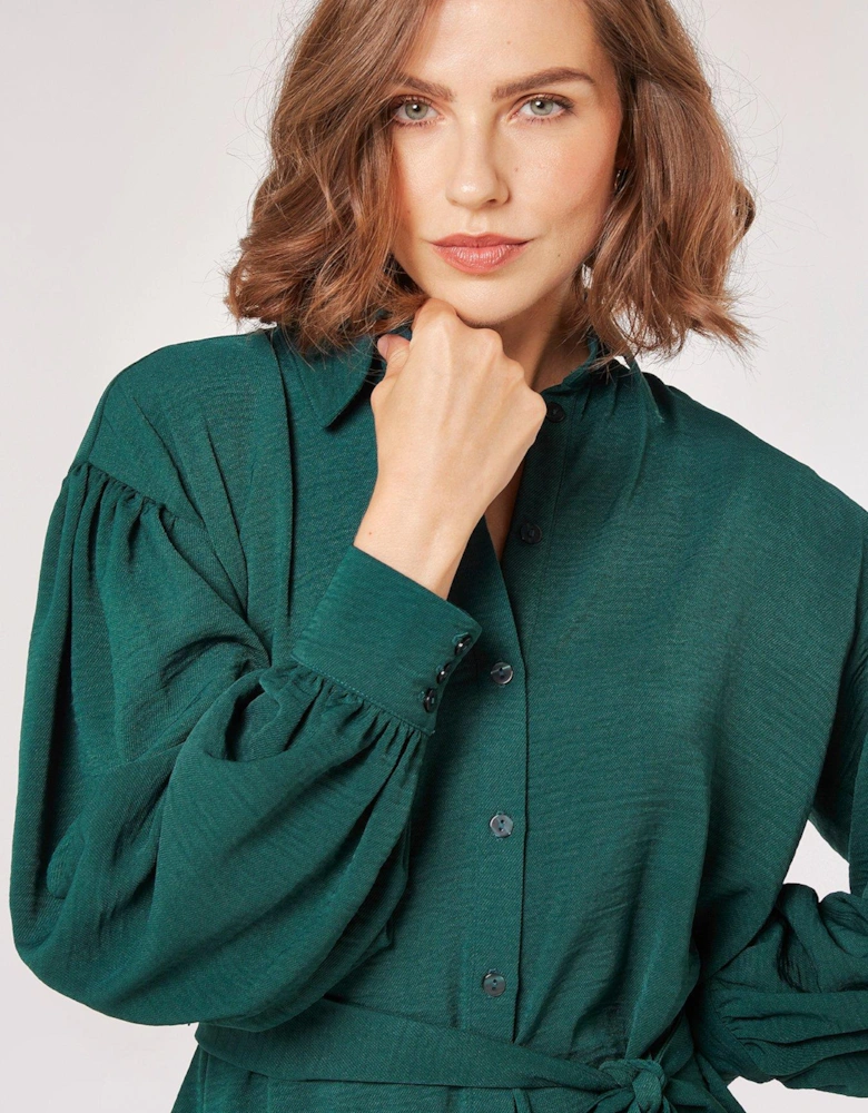 Volume Sleeve Shirt Dress -  Green 