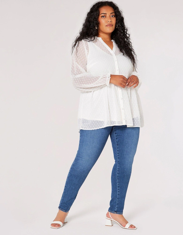 Curve Dobby Button Down Tiered Blouse
