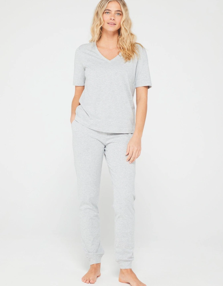 Mid Sleeve V Neck Top And Jogger Pj Set