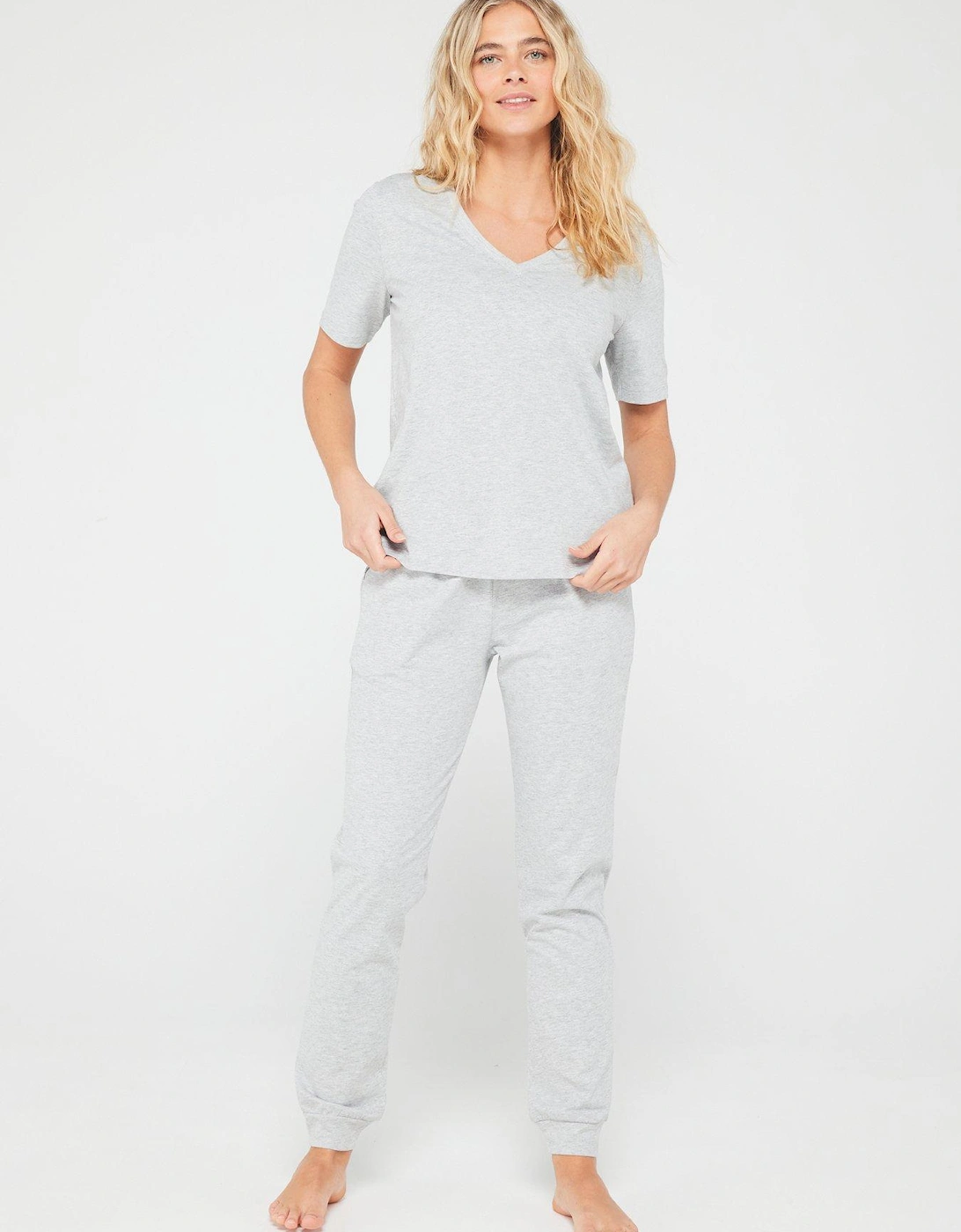 Mid Sleeve V Neck Top And Jogger Pj Set