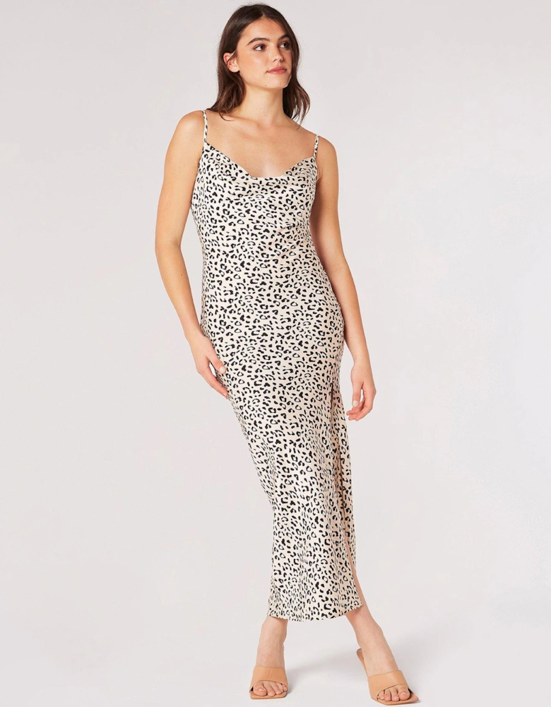 Leopard Split Satin Maxi Dress