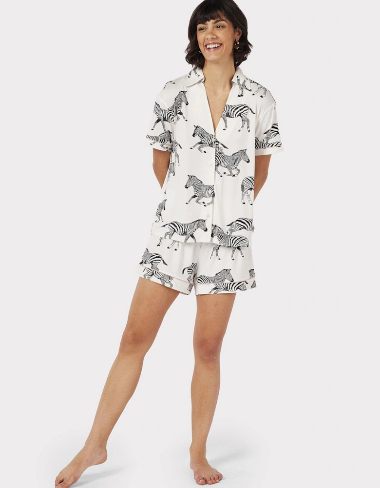 White Zebra Print V-neck Button Up Short Pyjama Set - White