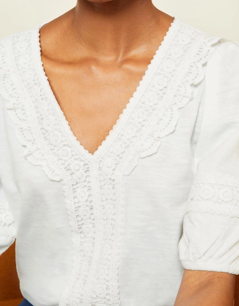 Lace Frill Trim V Neck Puff Sleeve Jersey Slub Top-white