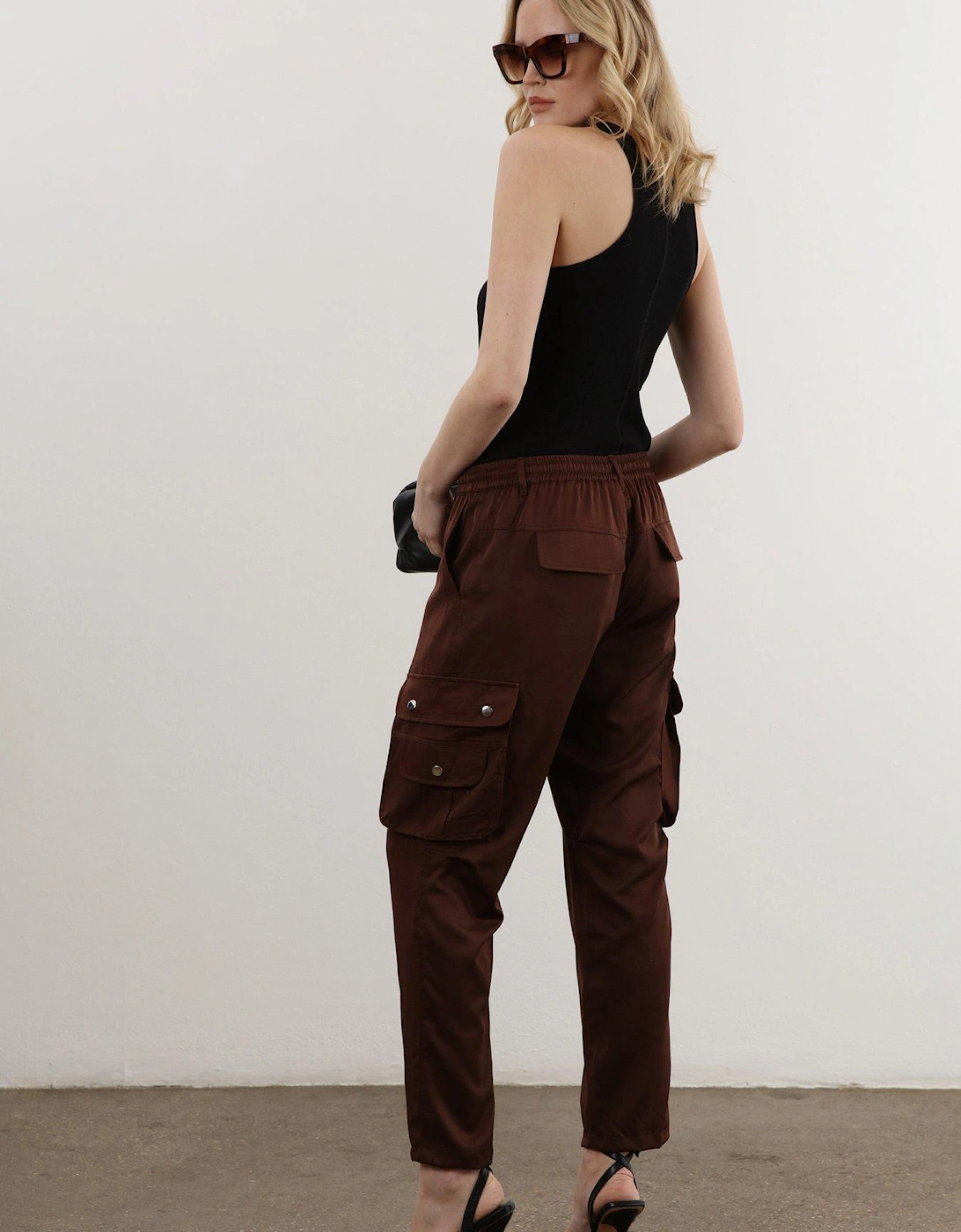 Slim Leg Chocolate Cargo Trouser With Drawstring Details - Brown