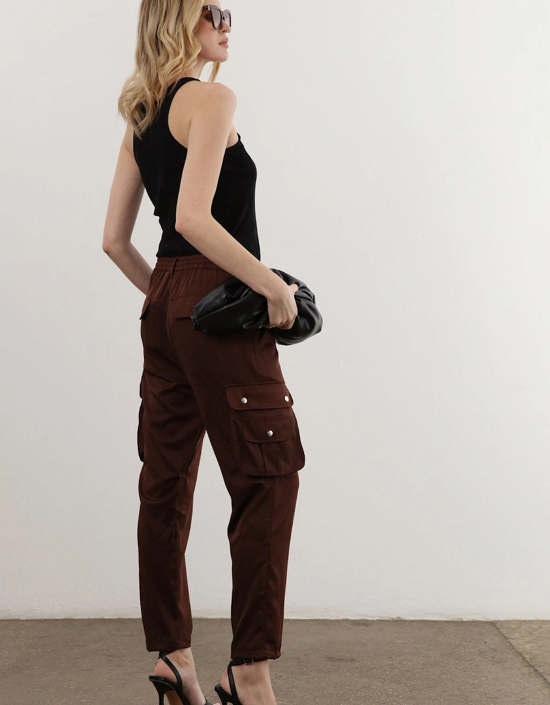 Slim Leg Chocolate Cargo Trouser With Drawstring Details - Brown