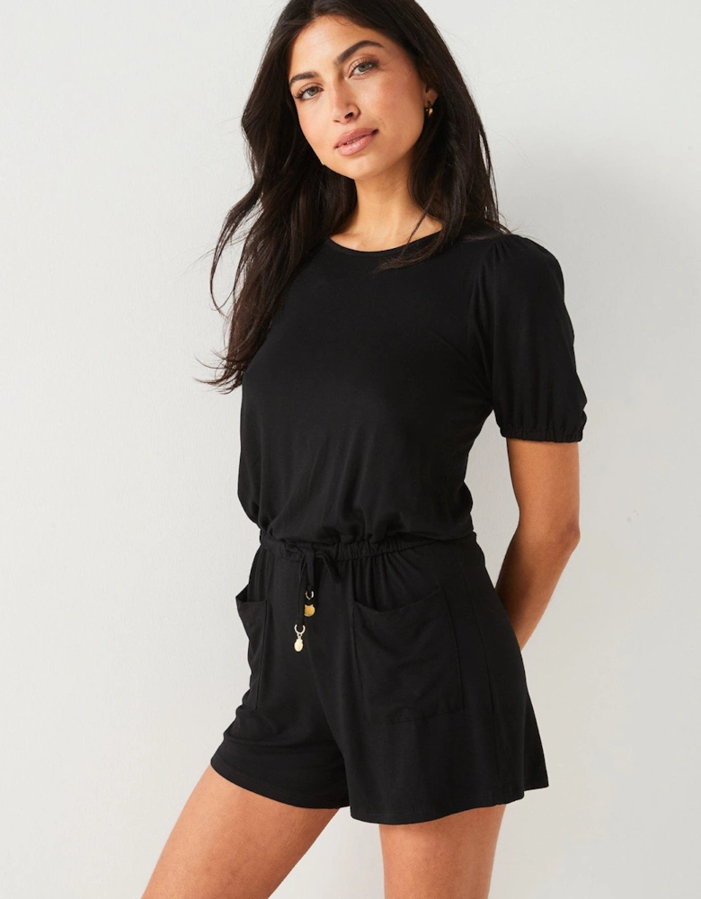 Cotton Elasticated Short Sleeve Mini Playsuit - Black