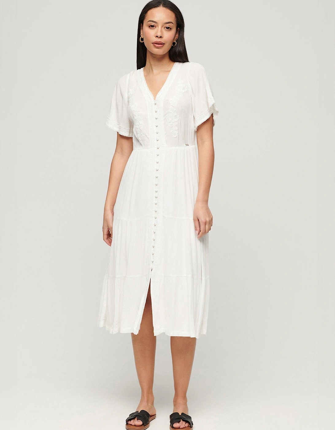 Embroidered Tiered Midi Dress - White