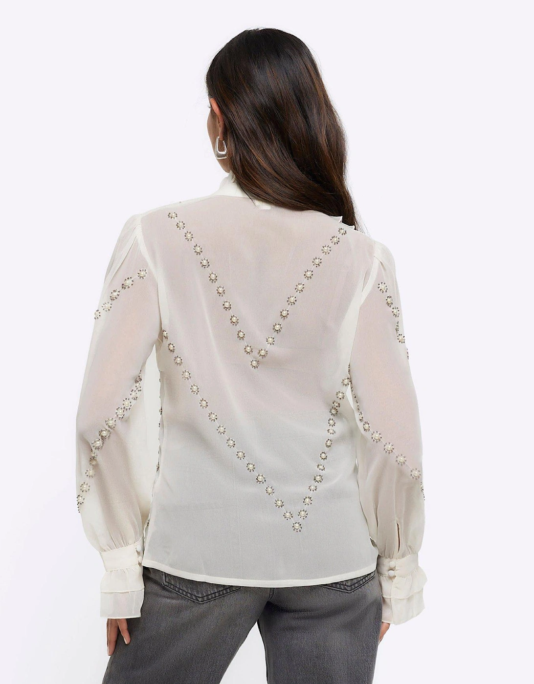 Stud Detail Ruffle Blouse - Cream