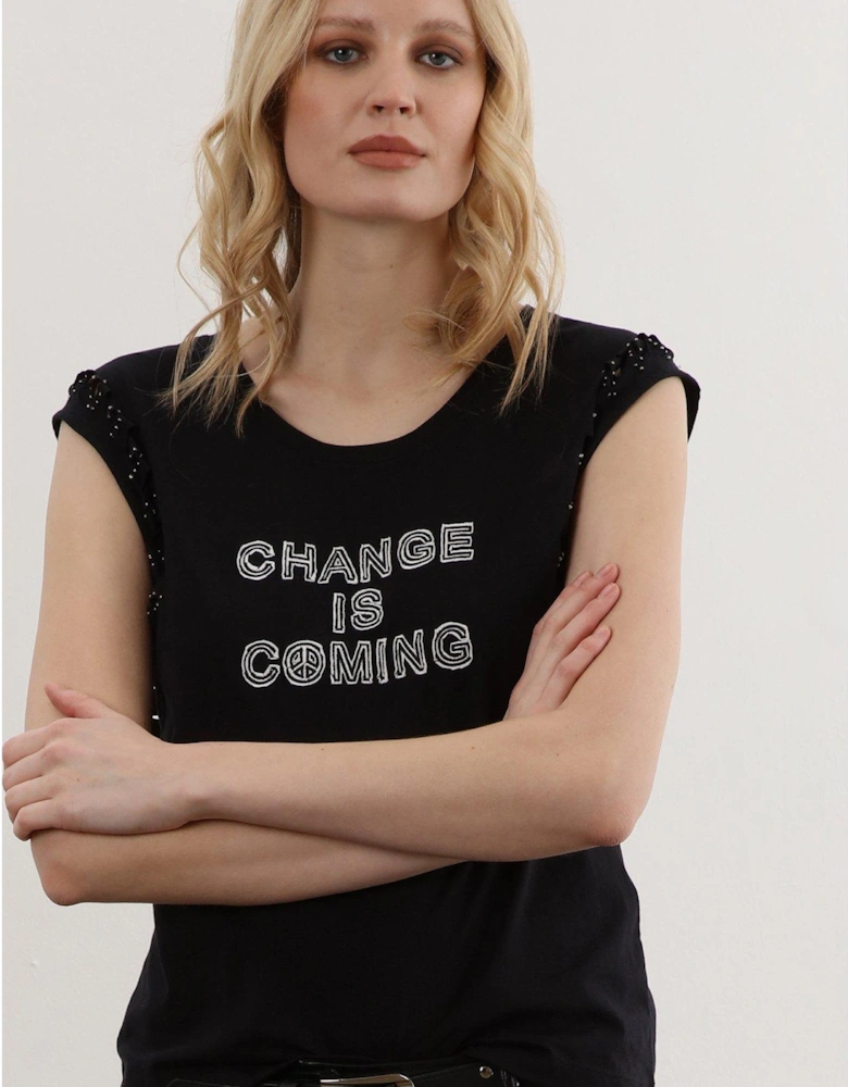 Cute Change T-shirt With Beading - Black