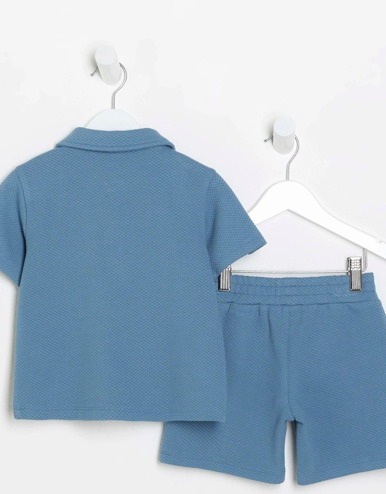 Mini Boys Textured Polo And Shorts Set - Blue