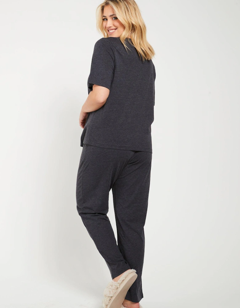 Short Sleeve And Slim Leg Pyjama Set - Charcoal