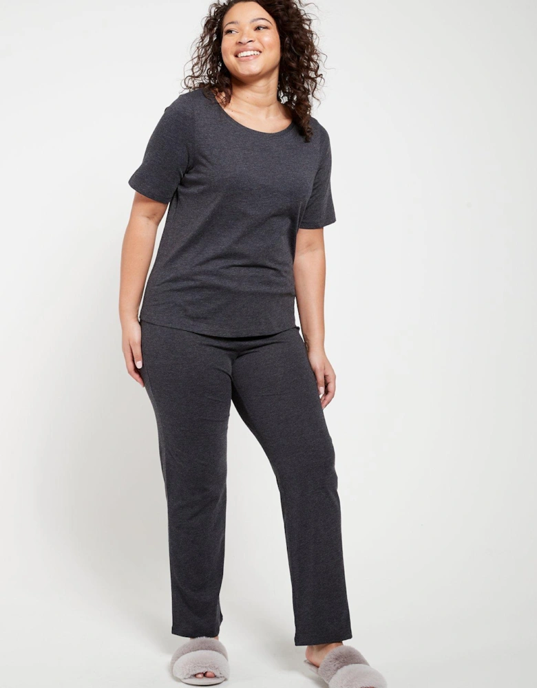 Short Sleeve And Slim Leg Pyjama Set - Charcoal