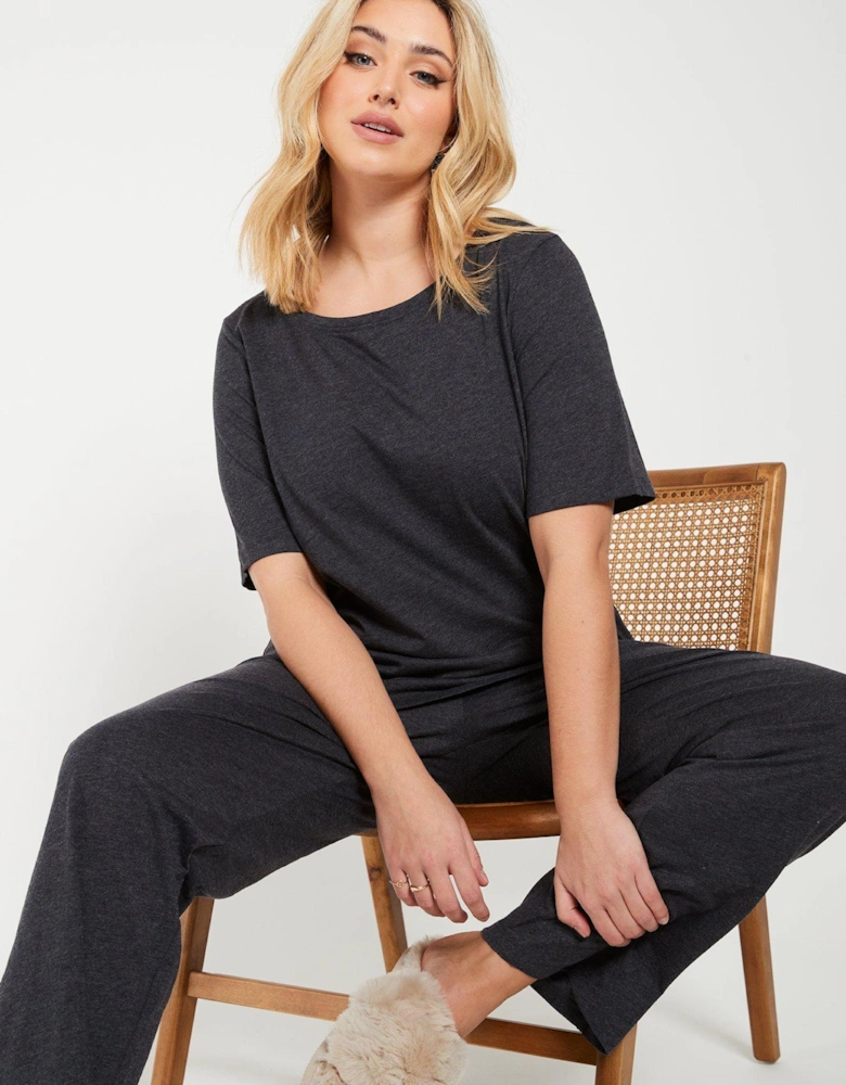 Short Sleeve And Slim Leg Pyjama Set - Charcoal