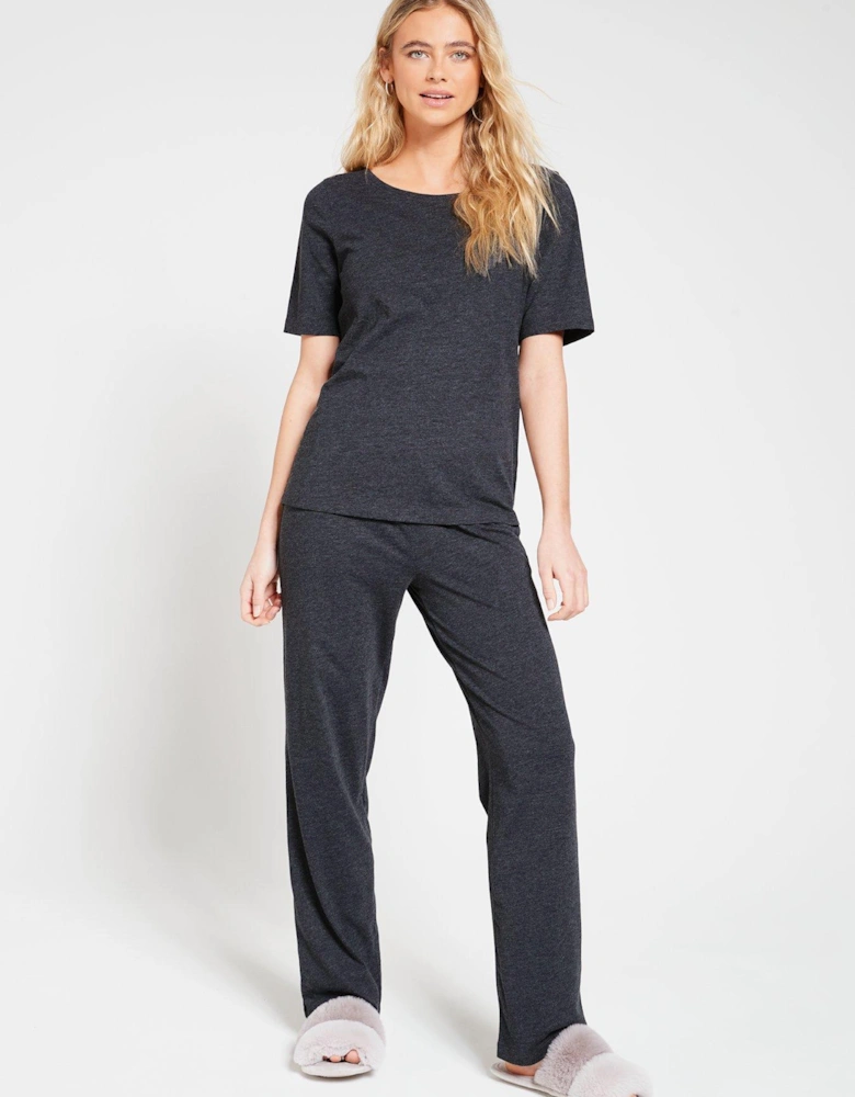 Short Sleeve And Slim Leg Pyjama Set - Charcoal