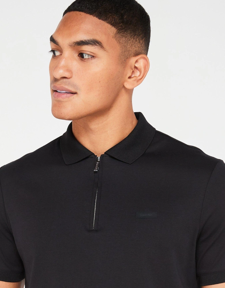 Smooth Cotton Zip Neck Polo Shirt - Black