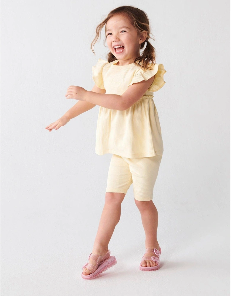 Mini Girls Ribbed Peplum T-shirt Set - Yellow