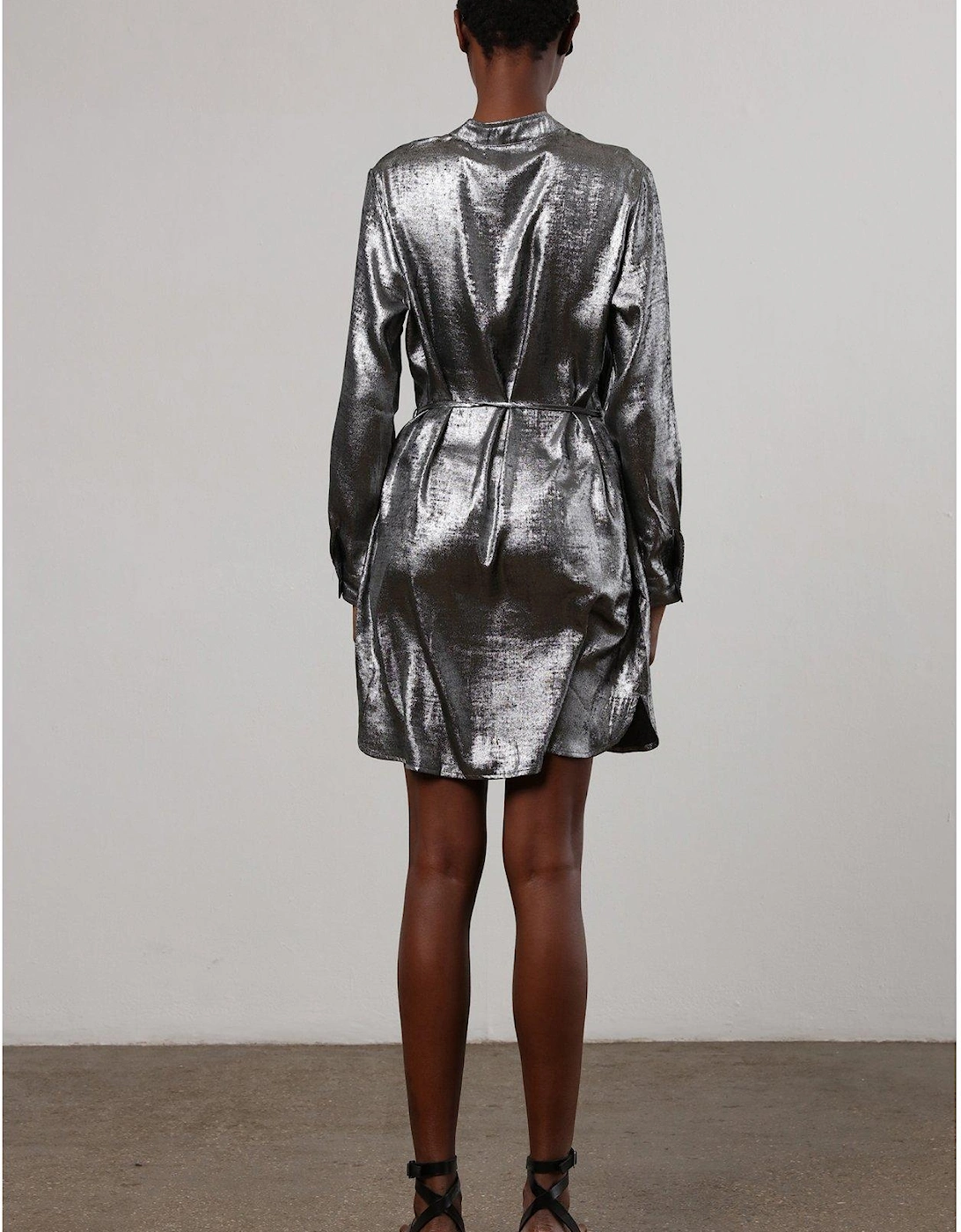 Metallic Long Line Fold Tunic Dress With Skinny Waist Tie - Grey