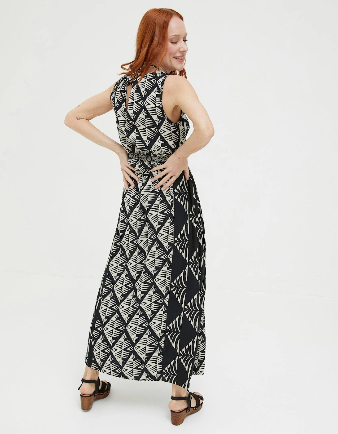 Harrie Geometric Print Woven Sleeveless Midi Dress - Black