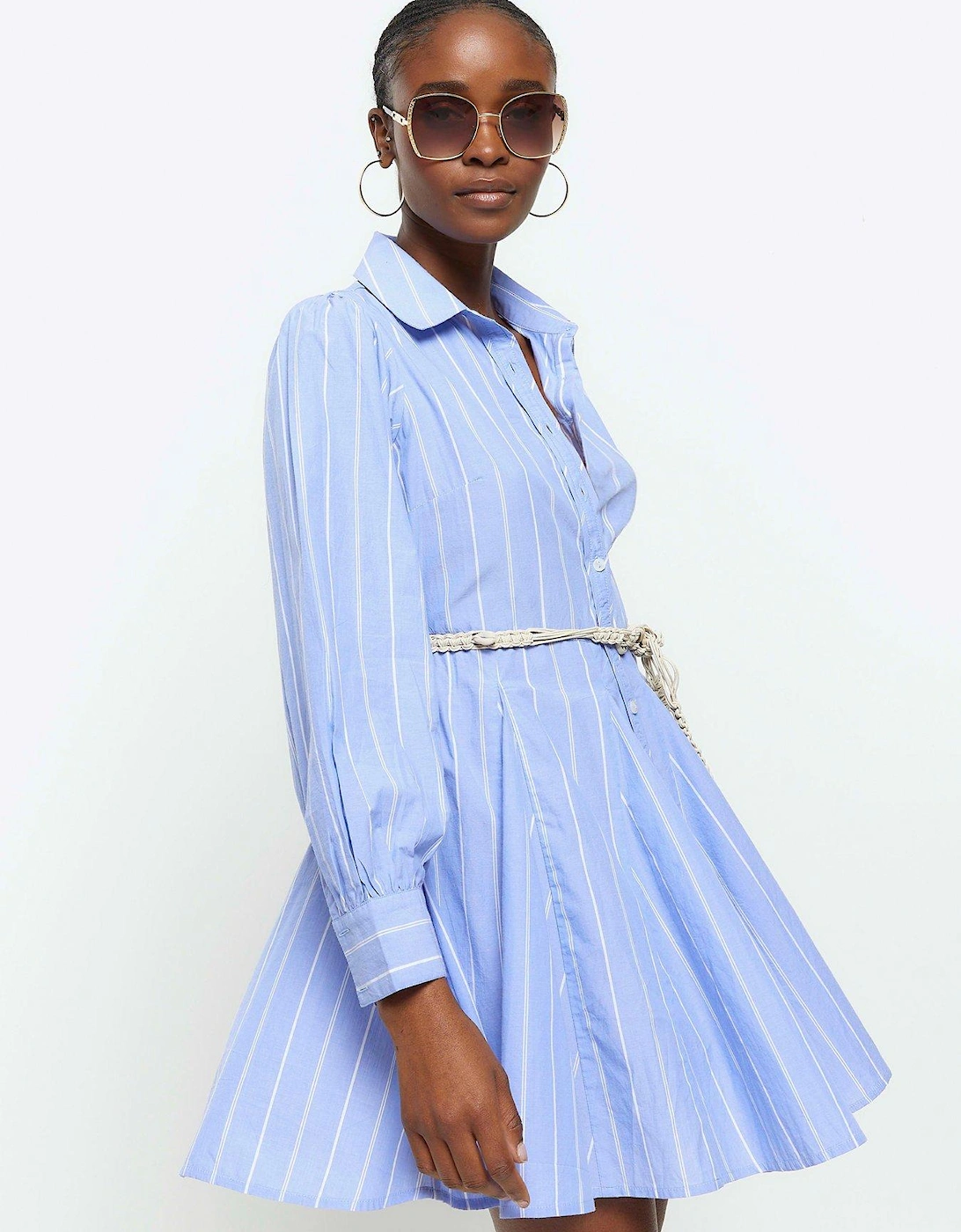 Striped Shirt Dress - Blue