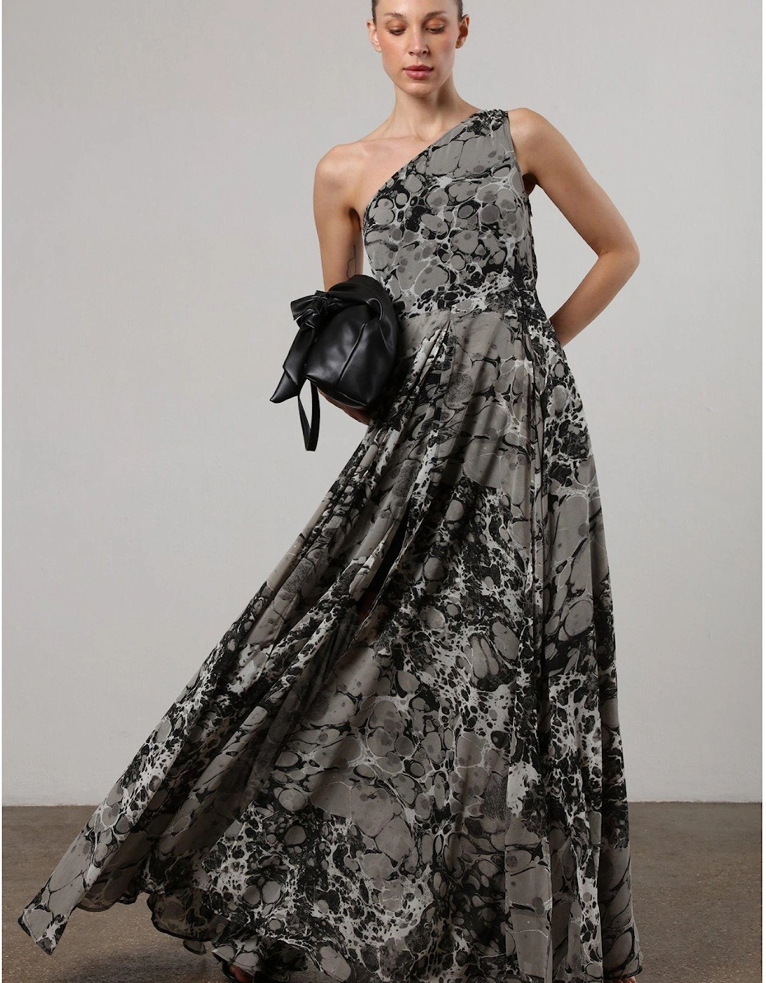 One Shoulder Maxi Dress With Full Floaty Skirt - Grey
