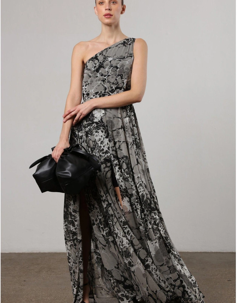 One Shoulder Maxi Dress With Full Floaty Skirt - Grey