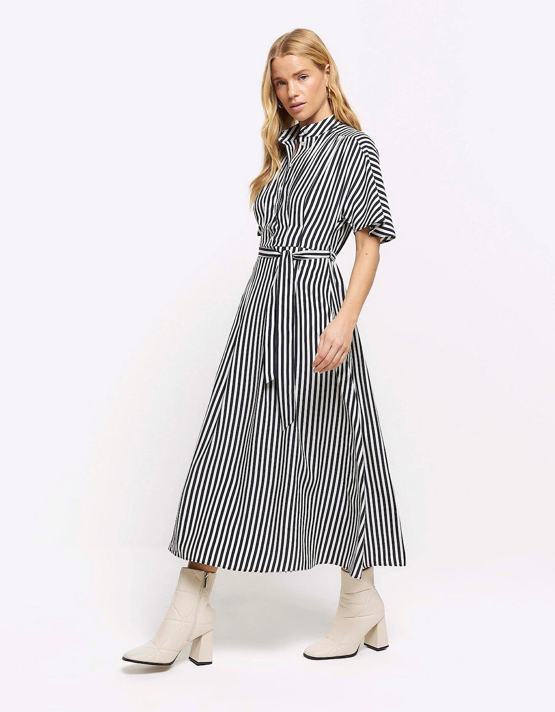 Belted Striped Shirt Dress - Navy