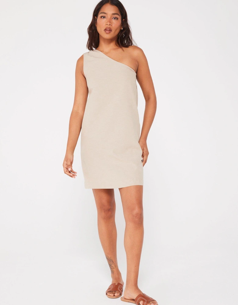 One Shoulder Linen A-line Mini Dress - Beige