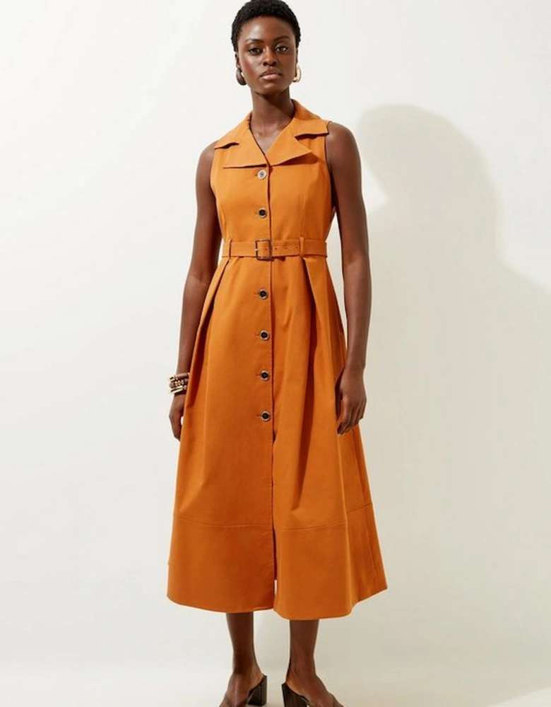 Tailored Cotton Halter Neck Belted Full Skirted Shirt Dress