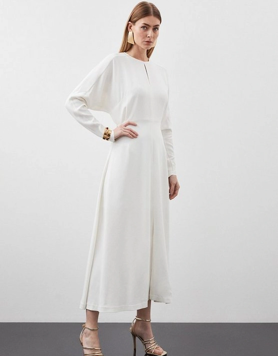 Tall Premium Woven Viscose Crepe Long Sleeve Midi Dress