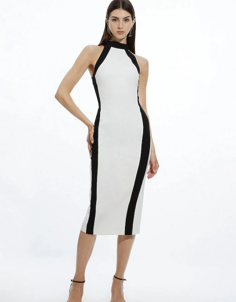 Compact Stretch Contrast Halter Neck Tailored Midi Dress