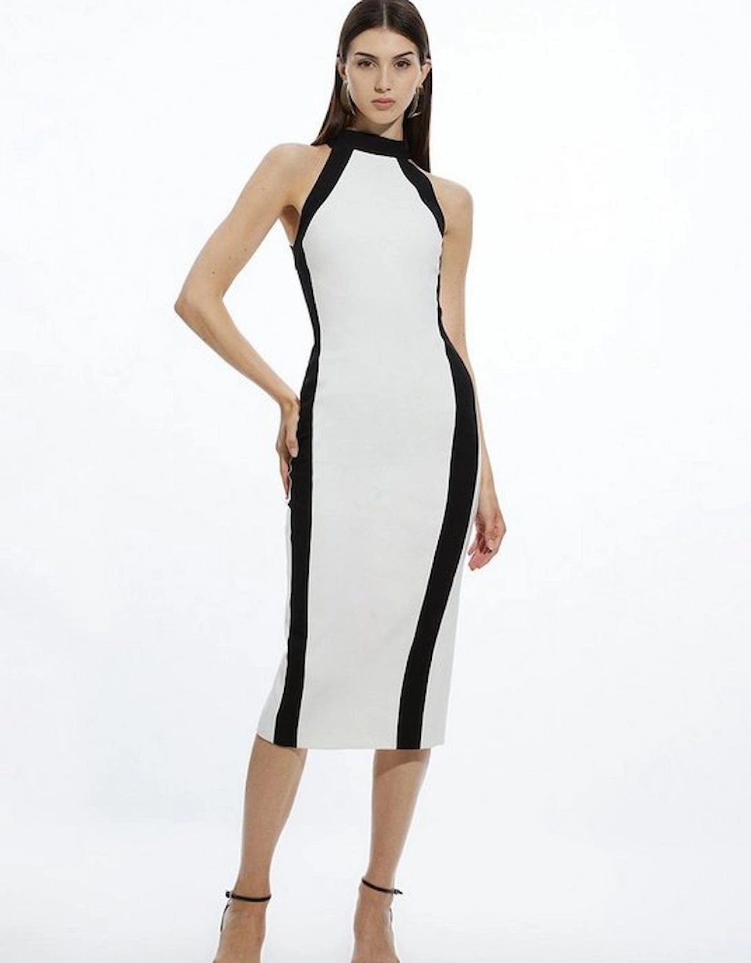 Compact Stretch Contrast Halter Neck Tailored Midi Dress, 5 of 4