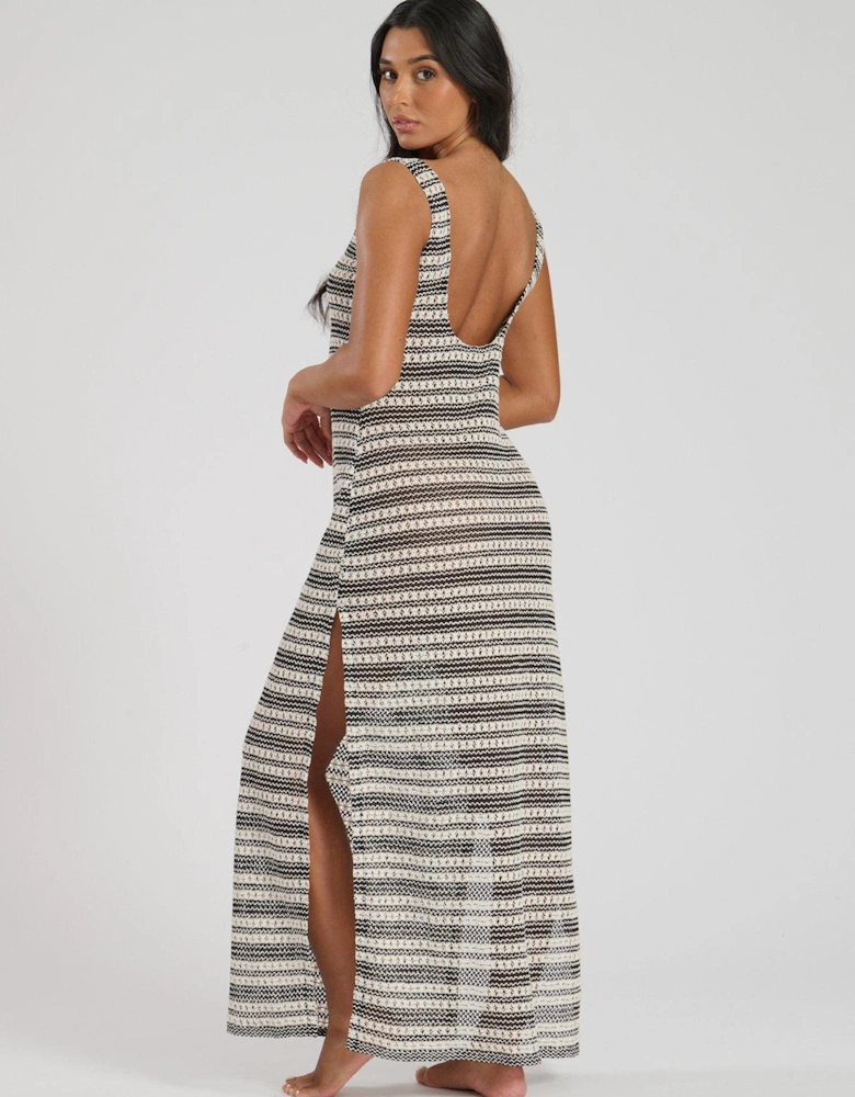 Monochrome Crochet Stripe Maxi Beach Dress