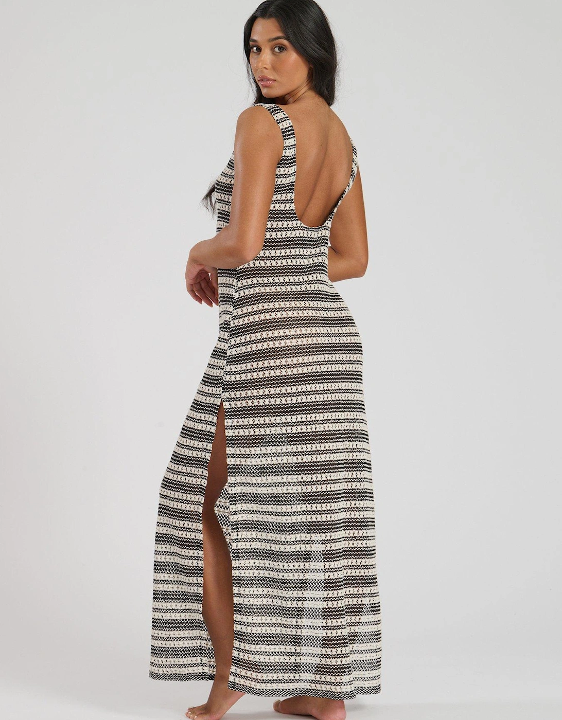 Monochrome Crochet Stripe Maxi Beach Dress