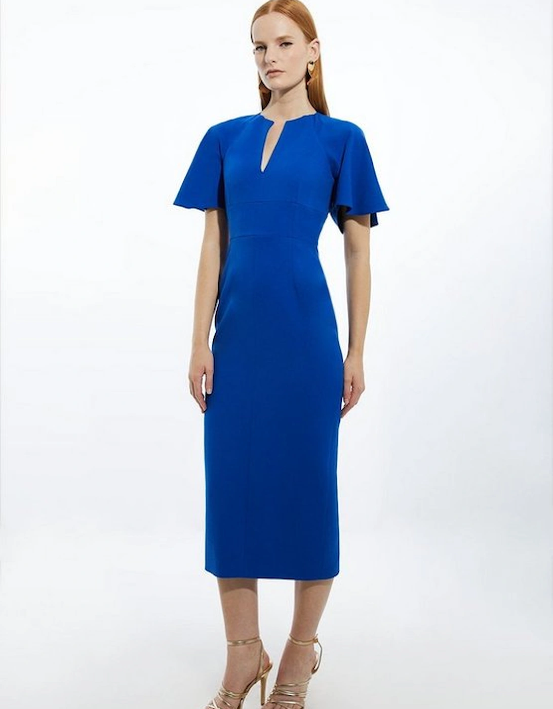 Structured Crepe Ruffle Sleeve Tailored Midi Pencil Dress, 4 of 3